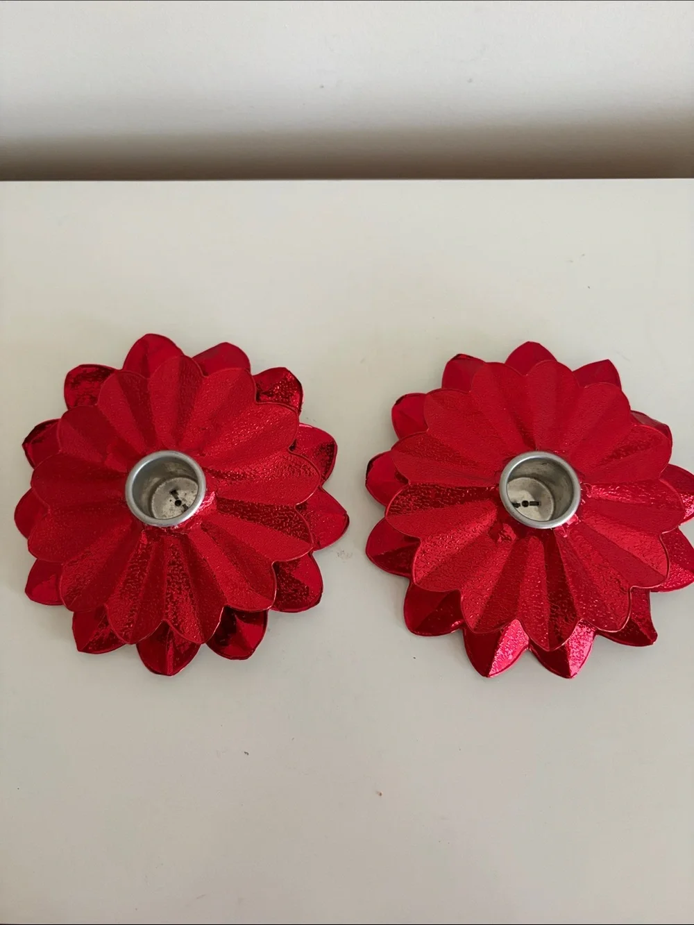 Vintage 1950’s Red Poinsettia Foil Candle Holders Duo